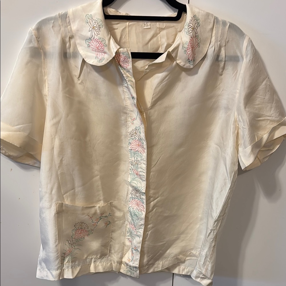 Vintage 100% silk blouse with hand painted floral pattern